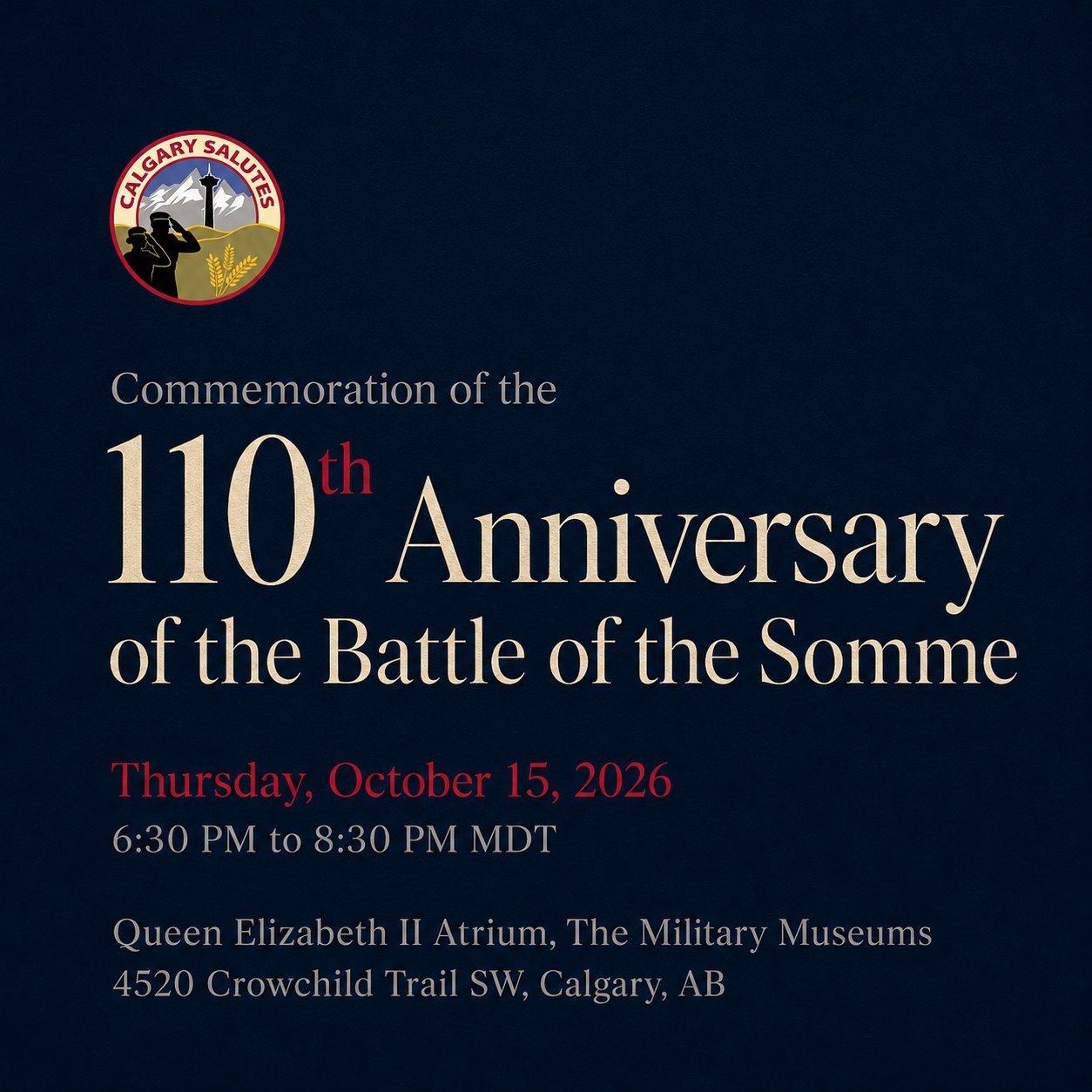Promotional graphic for the 110th Anniversary of the Battle of the Somme, showing the corrected October 15, 2026 date, time, and Military Museums location.