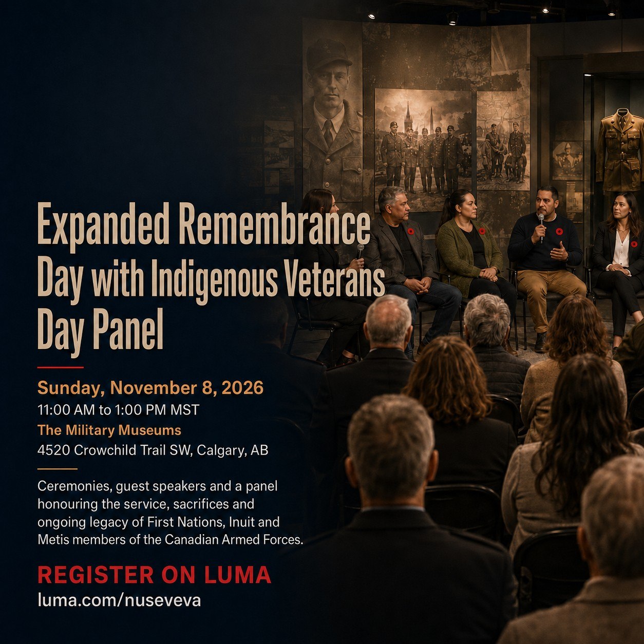 Promotional graphic for the Expanded Remembrance Day with Indigenous Veterans Day Panel, showing a panel discussion in a military museum gallery and the event details.