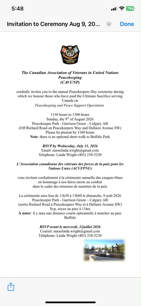 Peacekeepers Day Ceremony 2026 invitation from CAVUNP with ceremony details and RSVP contact information.