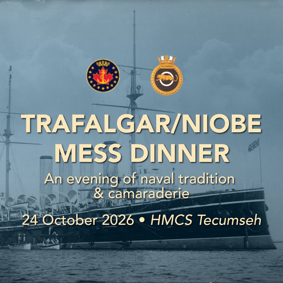 Trafalgar/Niobe Mess Dinner poster, 24 October 2026, HMCS Tecumseh, showing HMCS Niobe with the Naval Association of Canada and HMCS Tecumseh crests.