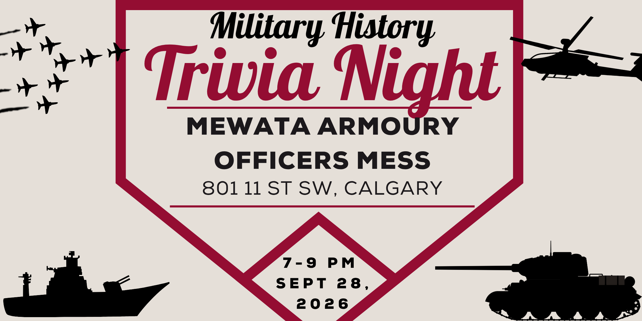 Military History Trivia Night poster: September 28, 2026, 7–9 p.m., Mewata Armoury Officers Mess, 801 11 Street SW, Calgary.