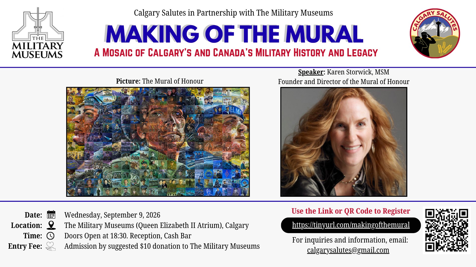 Event poster for Making of the Mural featuring Karen Storwick, Wednesday, September 9, 2026, at The Military Museums.