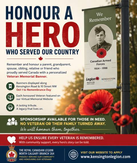Promotional graphic for the Salute to Our Heroes Veteran Memorial Banner Program, showing a sample memorial banner, poppies and information about applications and sponsorship assistance.
