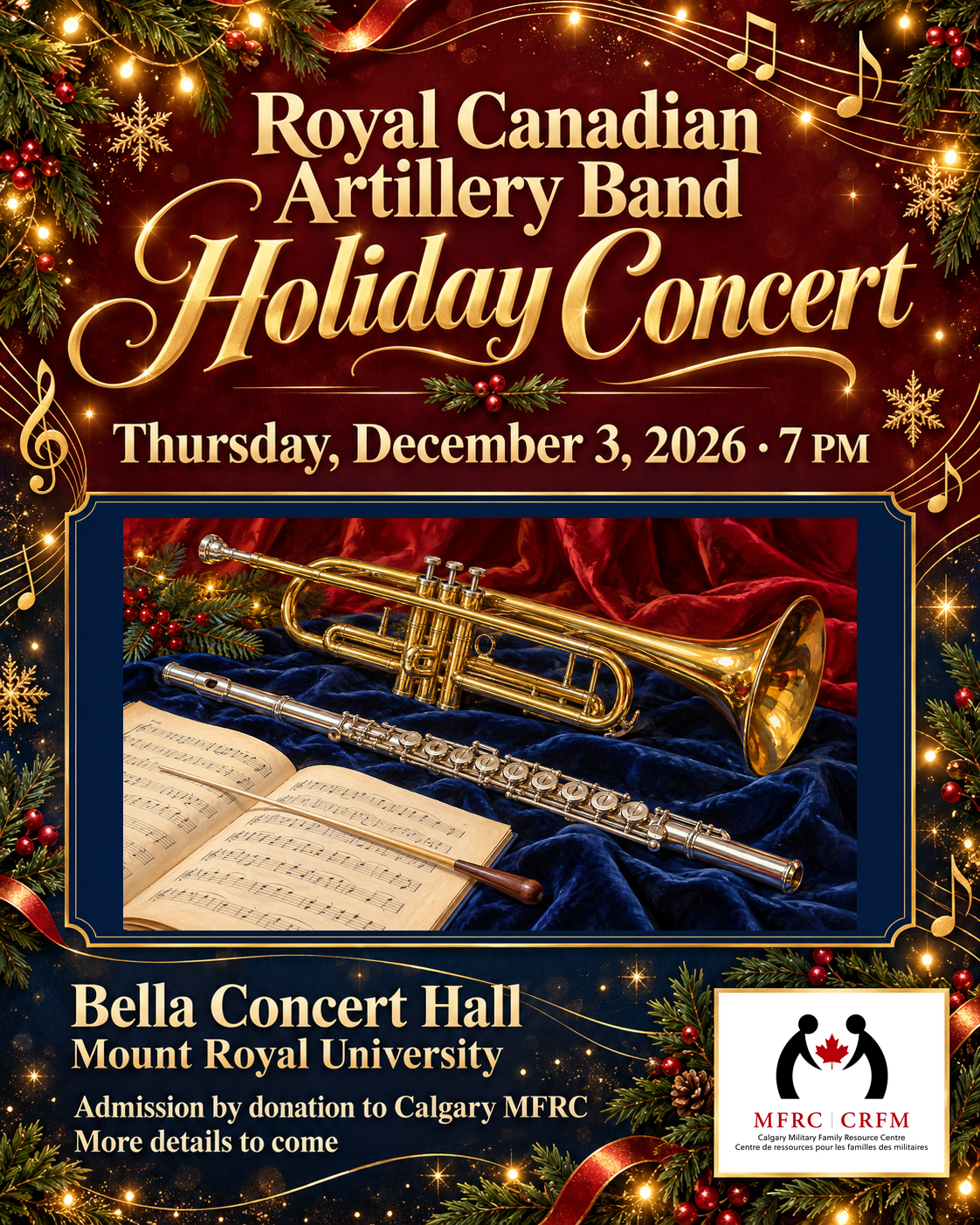Holiday concert poster with an illustration of musical instruments, December 3, 2026, 7 p.m., Bella Concert Hall, supporting Calgary MFRC.